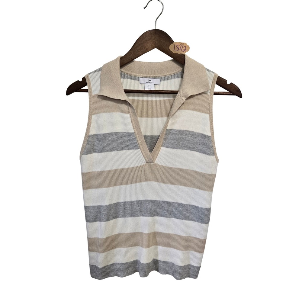 Halston Womens Medium Striped Sleeveless Knit Polo Top Beige Grey Ribbed V-Neck